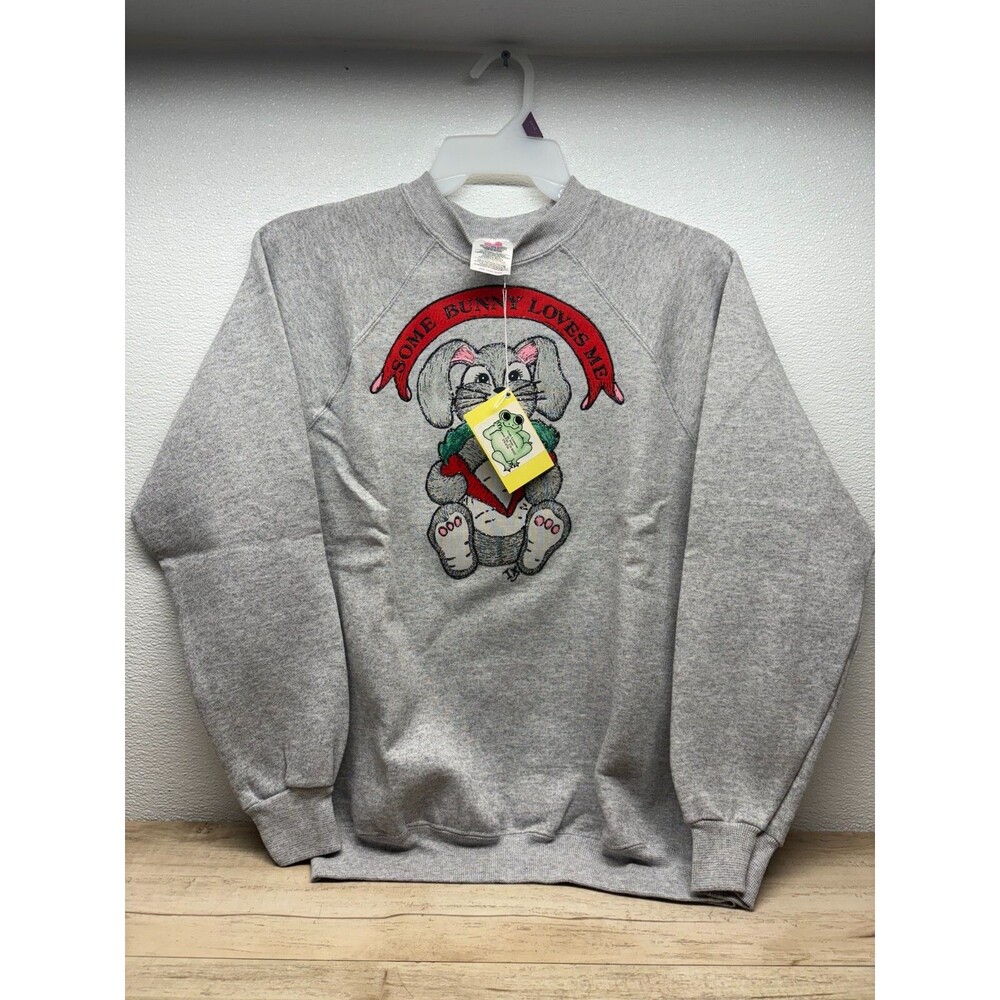 Vtg Hanes Her Way Printed Bunny Sweatshirt Gray Size: L Made In USA